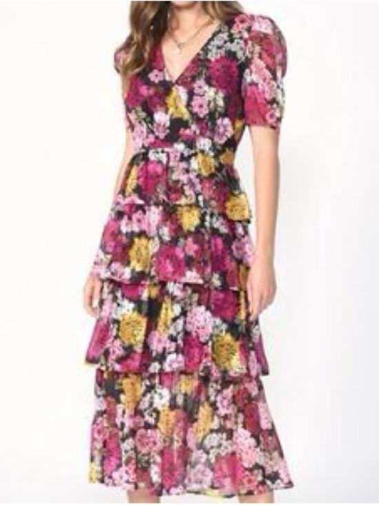 Adelyn Rae Dresses & Skirts - Adelyn Rae Black Floral Tiered V-Neck Maxi Dress with Pink and Yellow Blooms